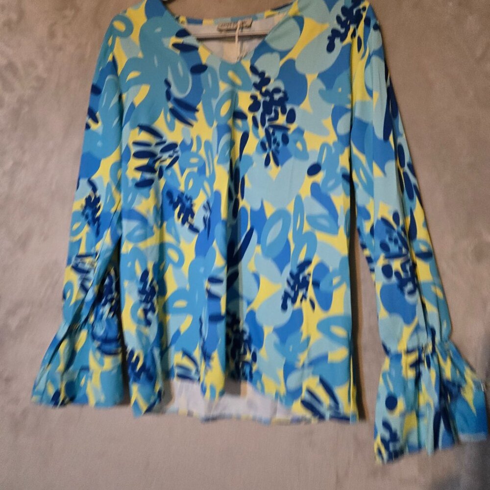 Estee Brown Dopamine Bright Floral Long-Sleeve Blouse flounce Cuffs V-Neckline M - Picture 4 of 9